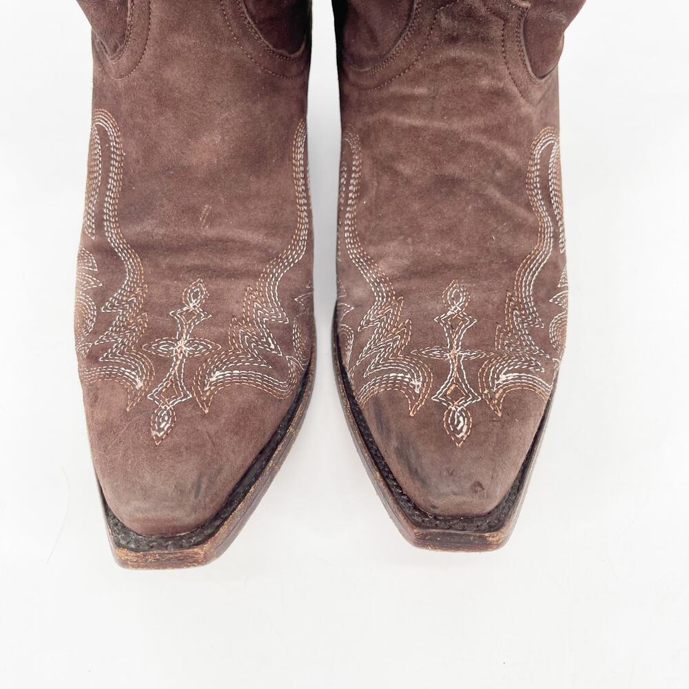 Lucchese Women’s 7 Chocolate Brown Suede Embroidered Slouch Cowgirl Boots - Picture 6 of 11
